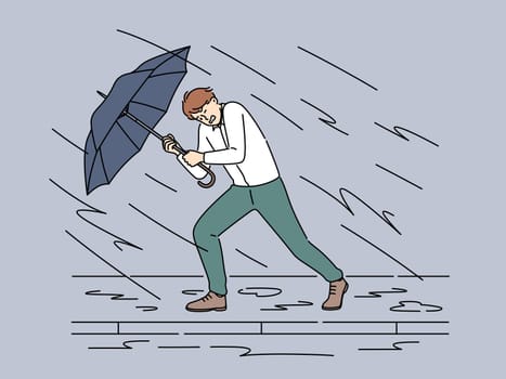 Decisive businessman with umbrella walk against storm and rain. Motivated male employee protect himself from business problems and heavy tasks. Vector illustration.