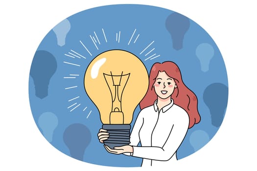 Smiling young woman hold huge lightbulb brainstorm generate creative business ideas. Happy female with light bulb create innovative solutions or launch project. Flat vector illustration.