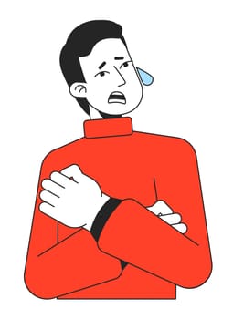 Stressed man hugging himself and crying flat line color vector character. Editable simple outline half body person on white. Feeling sad cartoon spot illustration for web graphic design and animation