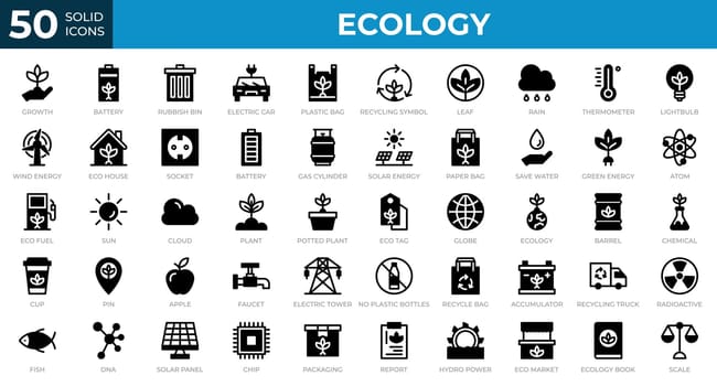 Set of 50 Ecology web icons in solid style. Recycling, biology, renewable energy. Solid icons collection. Vector illustration