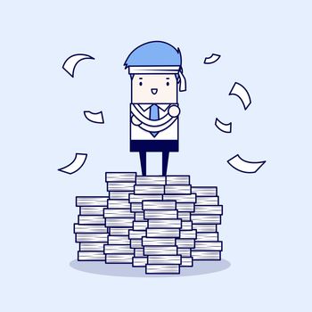 Businessman standing on paperwork. Cartoon character thin line style vector.