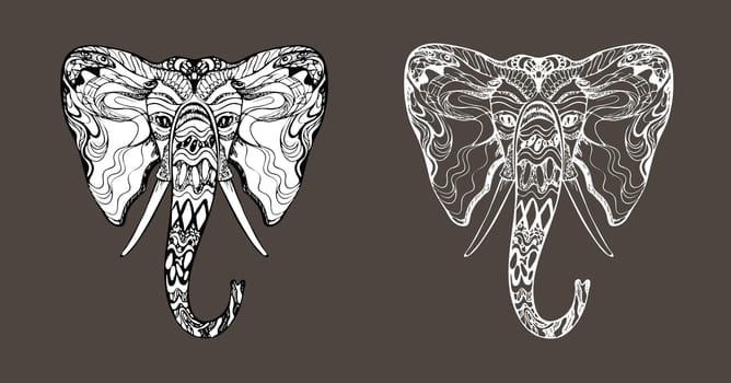 Stylish fancy tattoo hippie ornate elephant head, Ganesh face, unique hand drawn ethnic black outline, elegant contour, silhouette filled with white, animal safari design, prints, coloring