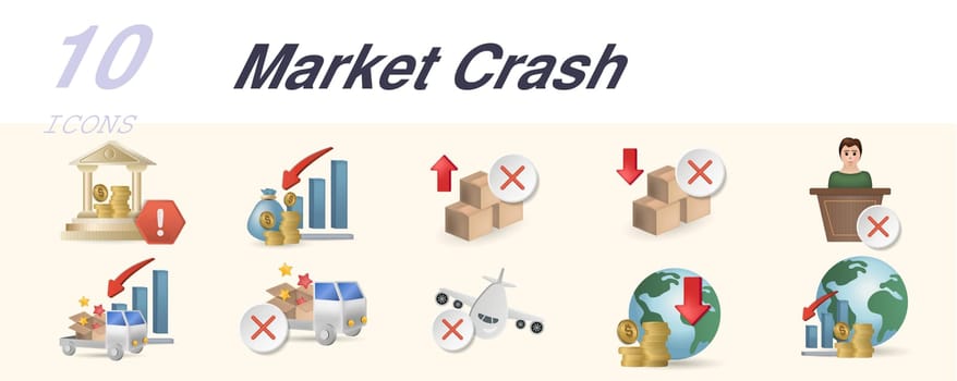Market crash icons set. Creative elements: financial crisis, export ban, import ban, impeachment, logistic crisis, embargo, air traffic ban, economic default, economic crisis.
