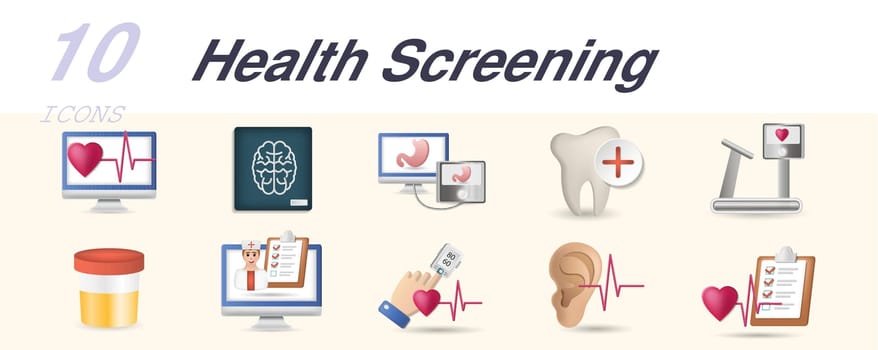 Health screening icons set. Creative elements: x-ray, ultrasound, dental, stress test, urine examination, online check, vital sign, audiogram, health check.