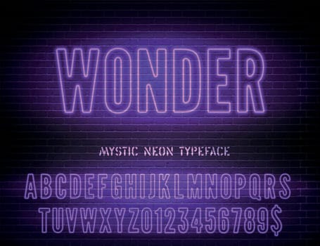 Wonder sign with purple neon hollow alphabet on dark brick wall background. Vector illustration