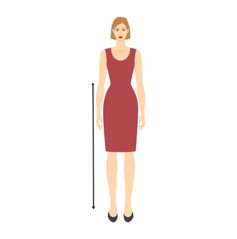 Women to do waist to floor measurement body with arrows fashion Illustration for size chart. Flat female character front 8 head size girl in burgundy dress. Human lady infographic template for clothes