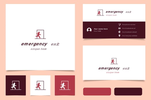 Emergency exit logo design with editable slogan. Business card and branding book template.