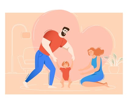 Mother and father Training daughter to walk. Parents helping toddler to make her first steps. Family concept. Vector illustration for topics like love, childhood, development