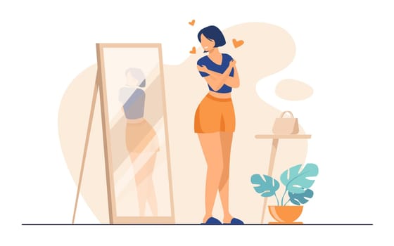 Narcissist lady standing at mirror and looking at reflection of her back. Young woman trying shirt on, hugging herself. Vector illustration for self love, self-esteem, female behavior concept