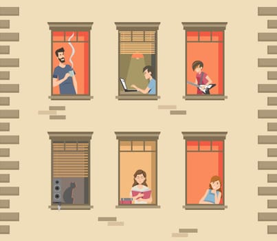 Apartment building facade with neighbor people and cats in open windows. Men and women drinking coffee, reading, talking. Vector illustration for staying at home, quarantine, communication concept