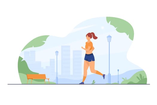 Runner training outdoors. Sporty girl running down city park pathway in morning. Vector illustration for health, active lifestyle, morning exercise, jogging concept