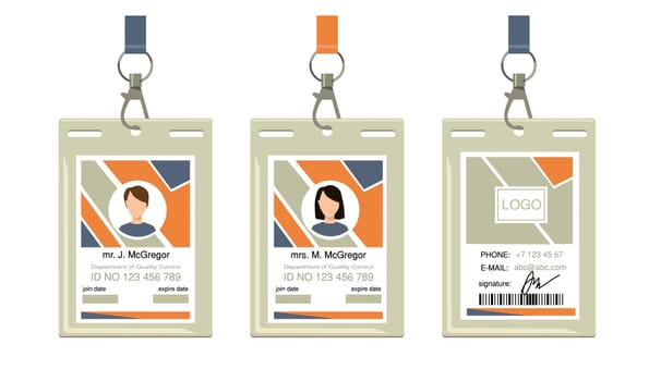 Employee corporate badges. ID, pass, hanging identification card with name. Vector illustration for identity, security, corporate access topics
