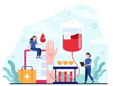 Blood donor and nurse. Woman with needle in hand. Flat vector illustration for donation campaign, medical fund, transfusion, world donor day concepts