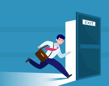 Businessman running to escape exit. Emergency exit open door, evacuation way from office building. Flat vector illustration for fire, warning, safe way direction concepts