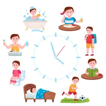 Child daily routine clocks flat vector illustration. Cartoon schedule of happy boy life from eating breakfast, going school to sleeping. Health and activity concept