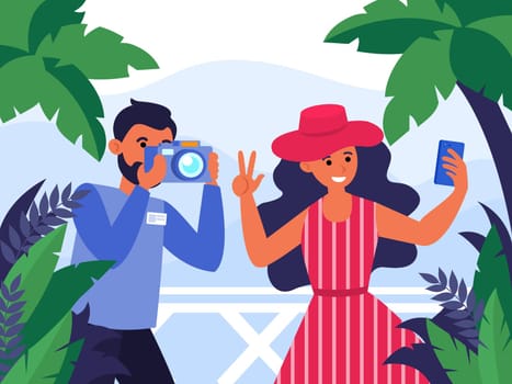 Photograph taking photo of young woman in hat. Lady standing on balcony and taking selfie flat vector illustration. Photography and vacation concept for banner, website design or landing web page