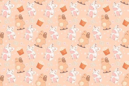 Sweet seamless pattern.Cute teddy bear,cupcake,unicorn.Kawaii background for print,bakery,packaging.Vector illustration