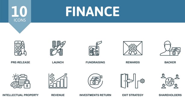 Finance icons set. Creative elements: pre-release, launch, fundraising, rewards, backer, intellectual property, revenue, investments return, exit strategy, shareholders.