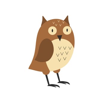 Cute brown owl with big eyes isolated on white background. Cartoon character. Flat vector illustration for children s books illustrating, printing materials.