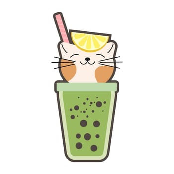 Vector illustration of cute kawaii hand drawn cat in anime style in a glass of cocktail with bubbles, favorite catcktail, drawing for children s menu, cocktail party
