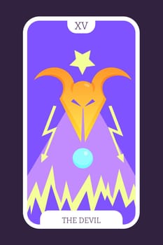 The Devil tarot cartoon flat card template major arcana. Taro vector illustration spiritual signs with esoteric magic and astrology symbols. Isolated colored graphic. Witchcraft concept