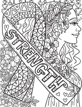 A cute and beautiful coloring page of a Breast Cancer Awareness Pink Ribbon Strength. Provides hours of coloring fun for adults.