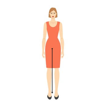 Women to do legs length measurement body with arrows fashion Illustration for size chart. Flat female character front 8 head size girl in red dress. Human lady infographic template for clothes
