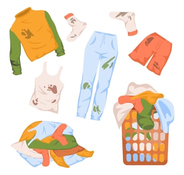 Piles of clean and dirty clothes vector illustration set. Mud and dirt on jeans, socks, tshirt, shorts and sweater. Laundry, household chores, cleanliness concept