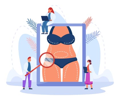 Surgeons preparing female patient for fat reduction surgery. Cosmetic treatment for obesity by tiny medical people flat vector illustration. Liposuction, beauty, cosmetic operation in clinic concept