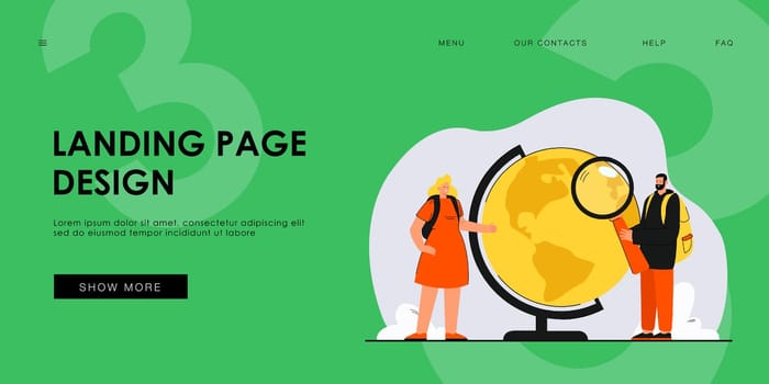 Tiny female and male travelers examining globe. Man with backpack holding magnifier, looking at earths sphere flat vector illustration.
Travel concept for banner, website design or landing web page