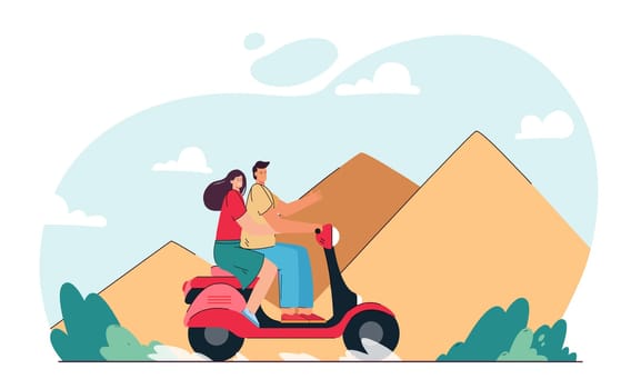 Couple riding moped on Egyptian pyramids background. Man and woman having holiday and travelling abroad flat vector illustration. Vacation concept for banner, website design or landing web page