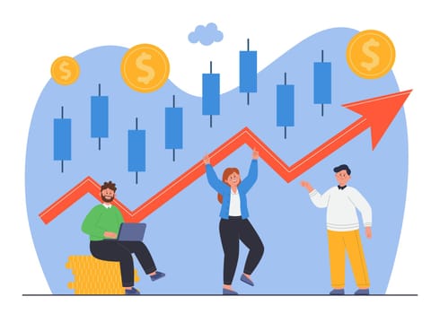 Candlestick chart showing progress and growth of company. Happy business characters, stock market or forex trade performance going up flat vector illustration. Finances, economy, achievement concept