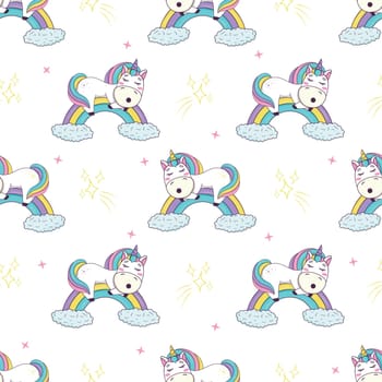 Seamless pattern with cute kawaii unicorn with rainbow mane and horn in anime style sleeping