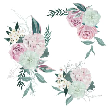 Lush oil painted floral bouquets, hand drawn vector illustration