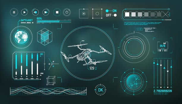 Poster with a set of infographic elements on the theme of drone and geolocation. Vector illustration.
