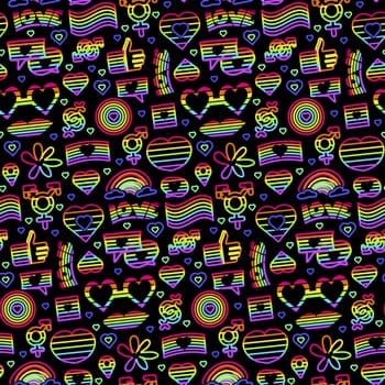 Neon gender pride signs seamless pattern. Progressive sexual relations between sexes groups. Ornament for printing on fabric, cover and packaging. Illuminated vector isolated on black background