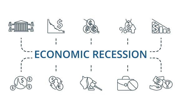 Economic recession icons set. Creative elements: bank run, stock market crash, currency crisis, inflation, recession, economic bubble, exchange rate fall, bankruptcy, unemployment, corruption.