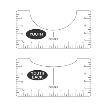 T shirt alignment guide. Youth size front and back template. Ruler for centering clothing design. Sewing measurement tool with markup and numbers for print or laser cut. Inches calibration.