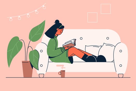 Reading, literature, favourite hobby concept. Happy young girl cartoon character sitting on sofa with coffee and reading book alone at home vector illustration