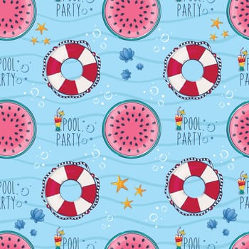 Seamless pattern with cartoon lifebuoy and watermelon mattress in the pool. Summer vector pool party background