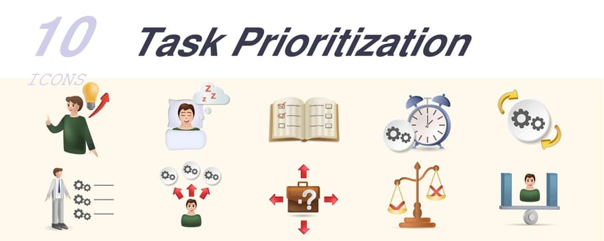 Task prioritization icons set. Creative elements: potencial, good sleep, planning, time control, automatism, experience, skills, career choice, priorities, balance, organization.
