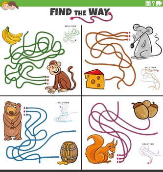 Cartoon illustration of find the way maze puzzle game with funny animal characters