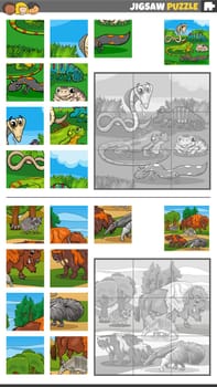 Cartoon illustration of educational jigsaw puzzle games set with animal characters group