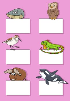 Cartoon illustration of wild animals with blank cards or banners design set