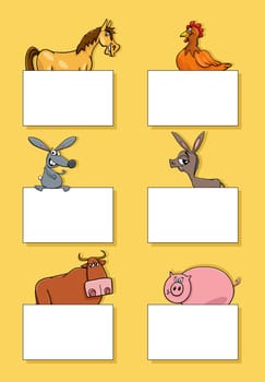Cartoon illustration of funny farm animals with blank cards or banners design set