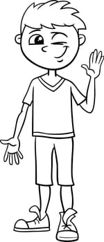 Black and white cartoon illustration of elementary or teen age boy character coloring page