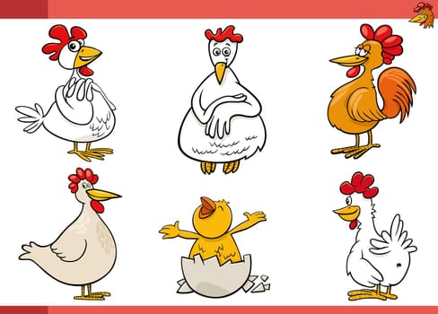Cartoon illustration of chickens birds farm animals characters set