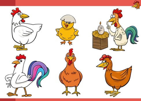 Cartoon illustration of chickens farm birds characters set