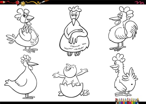 Black and white cartoon illustration of chicken farm animal characters set coloring page