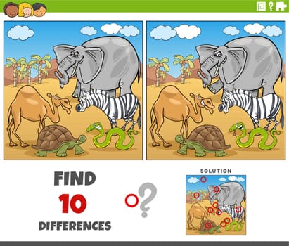Cartoon illustration of finding the differences between pictures educational activity with animal characters